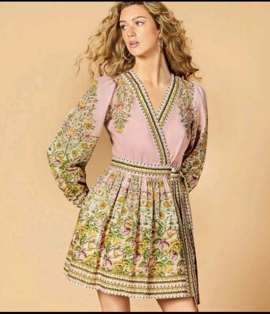 NWT A Loves A Floral Print Surplice V-Neck Long Bubble Sleeve Wrap A-Line Dress