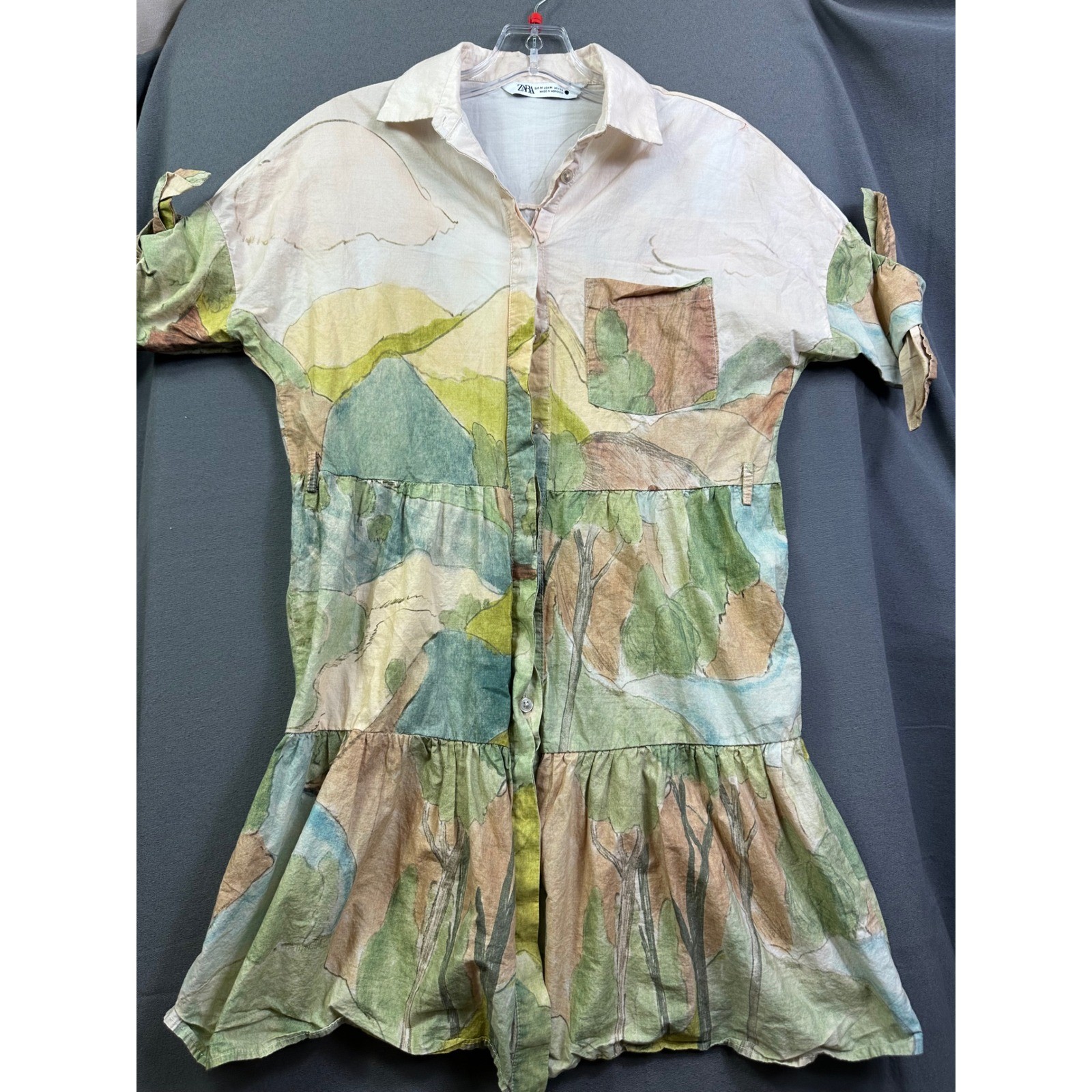 Zara Women Watercolor Landscape Print Tiered Mini Shirt Dress Green Tan Size M