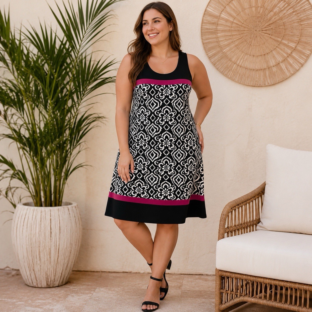 En Focus Studio Sleeveless Fit Flare Dress Size 14 Black White Pink Stretch