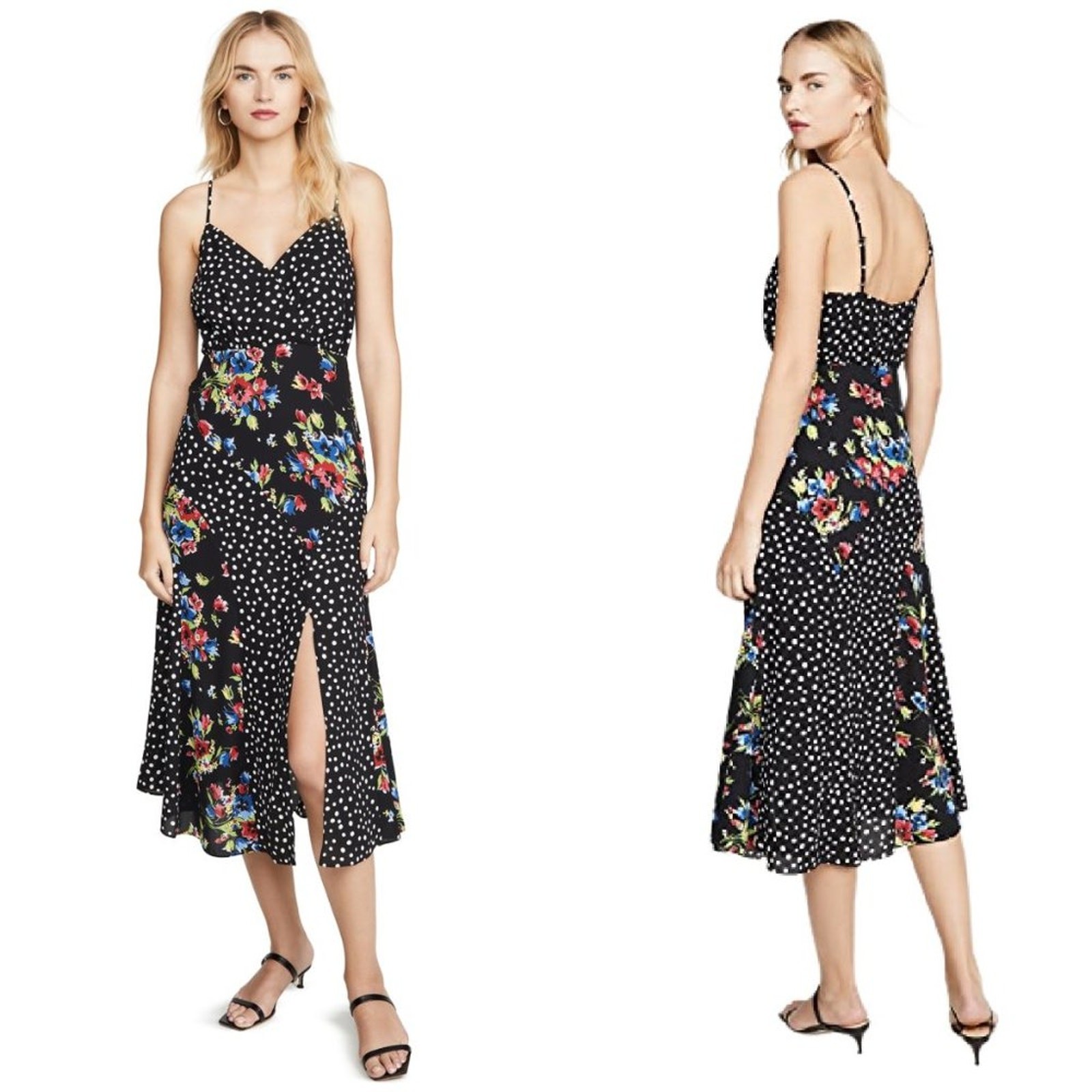 LIKELY Saige Midi Slip Dress Size 4 Black Floral Polka Dot Front Slit Revolve