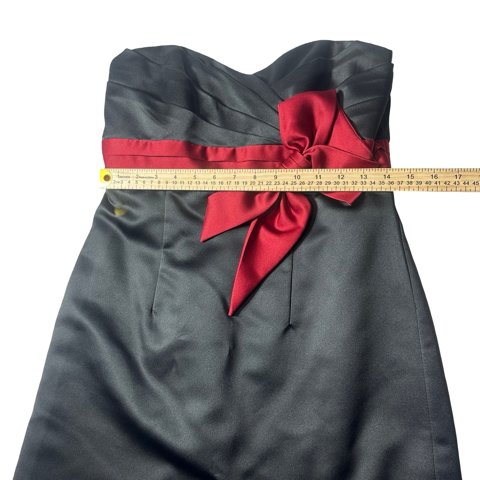 Alfred Angelo Strapless Black Satin Cocktail Dress 8 Red Claret Sash Bow Formal