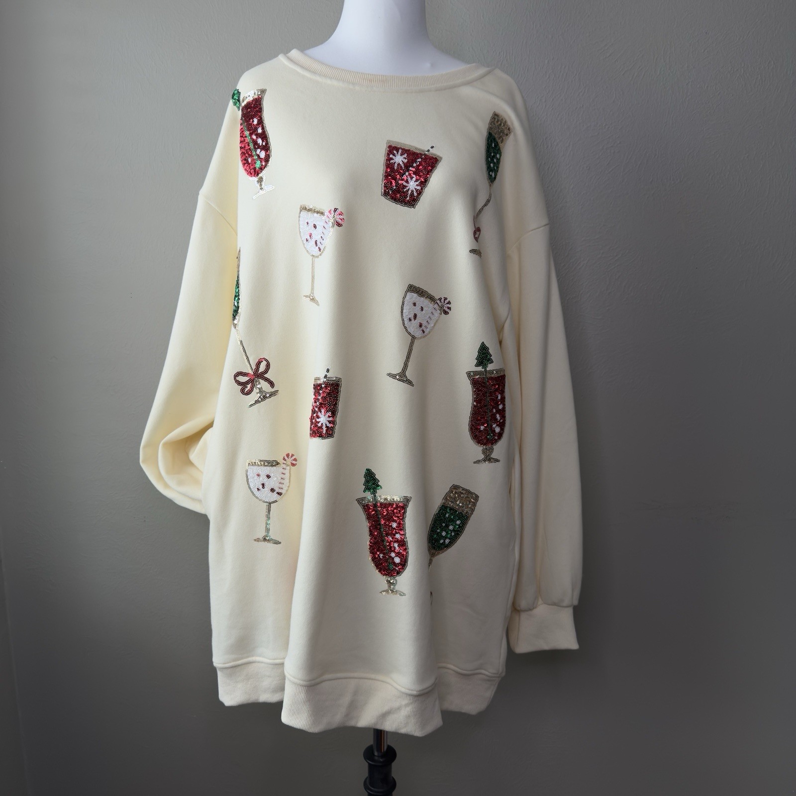 Fantastic Fawn L Sequin Christmas Drink Applique Pullover Sweatshirt Mini Dress