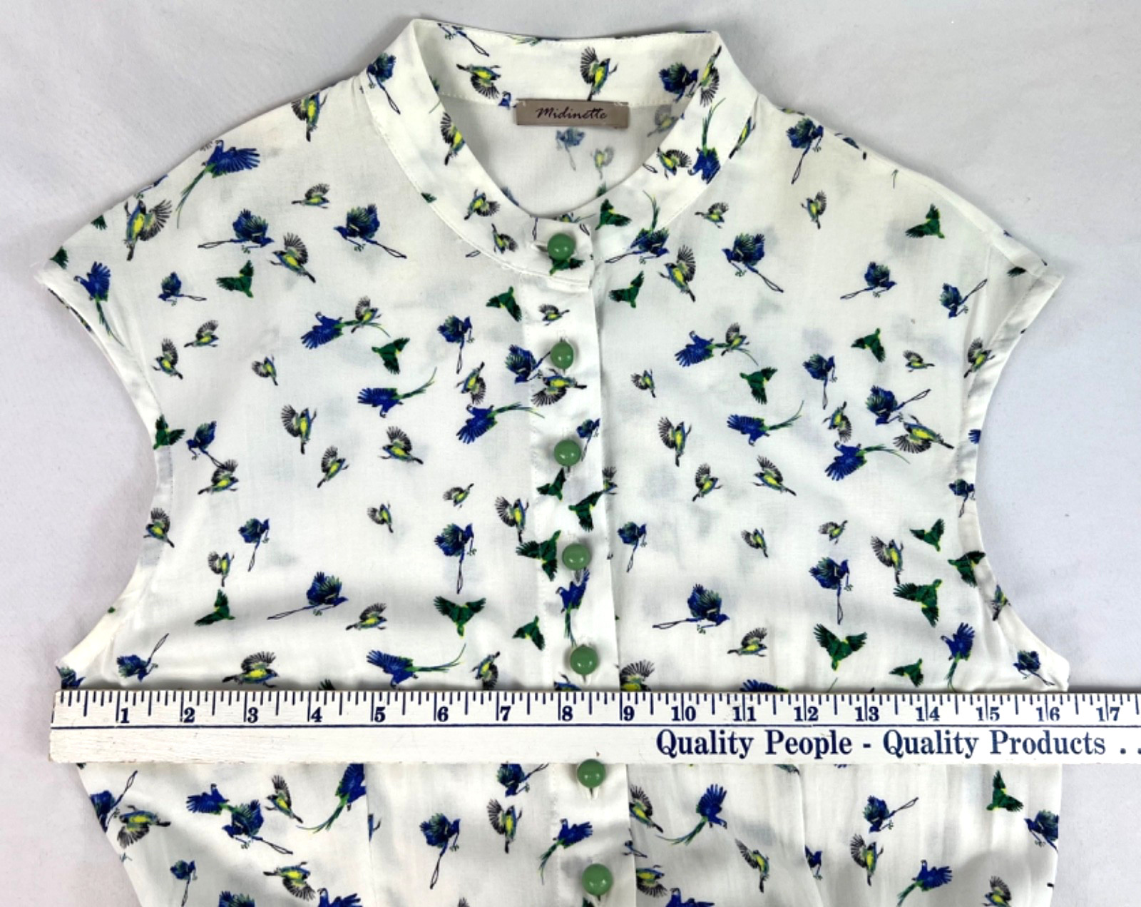 MIDINETTE Dress S? White/Blue Birds Cap Sleeves Stand-up Collar Half Dome Button