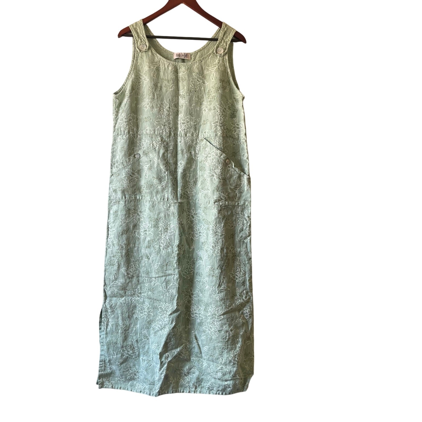 Vintage linen sage green floral midi overall dress with pockets size large