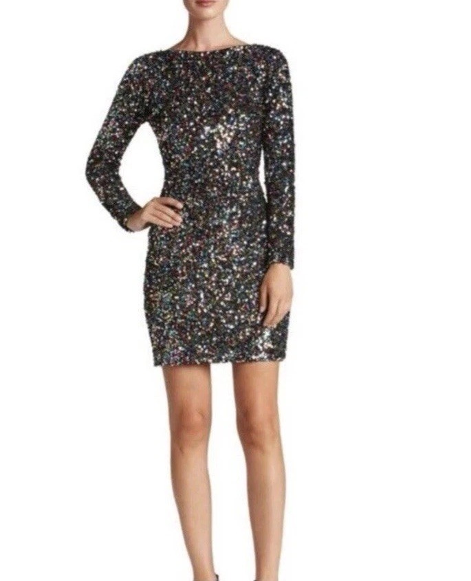 Dress The Population Sequin Cocktail Mini Dress S Black Long Sleeve Made USA