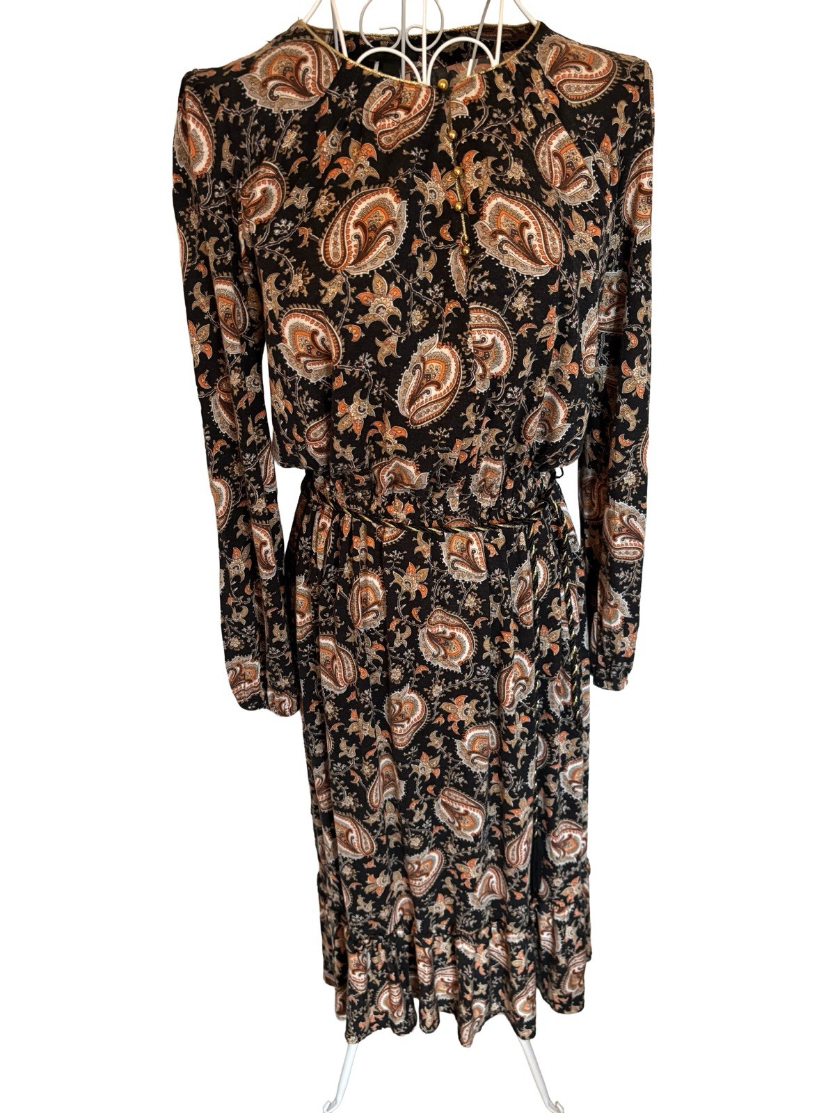 MNG Collection Paisley Viscose Midi Dress Button Front Rope Belt UK 10‑12 Boho