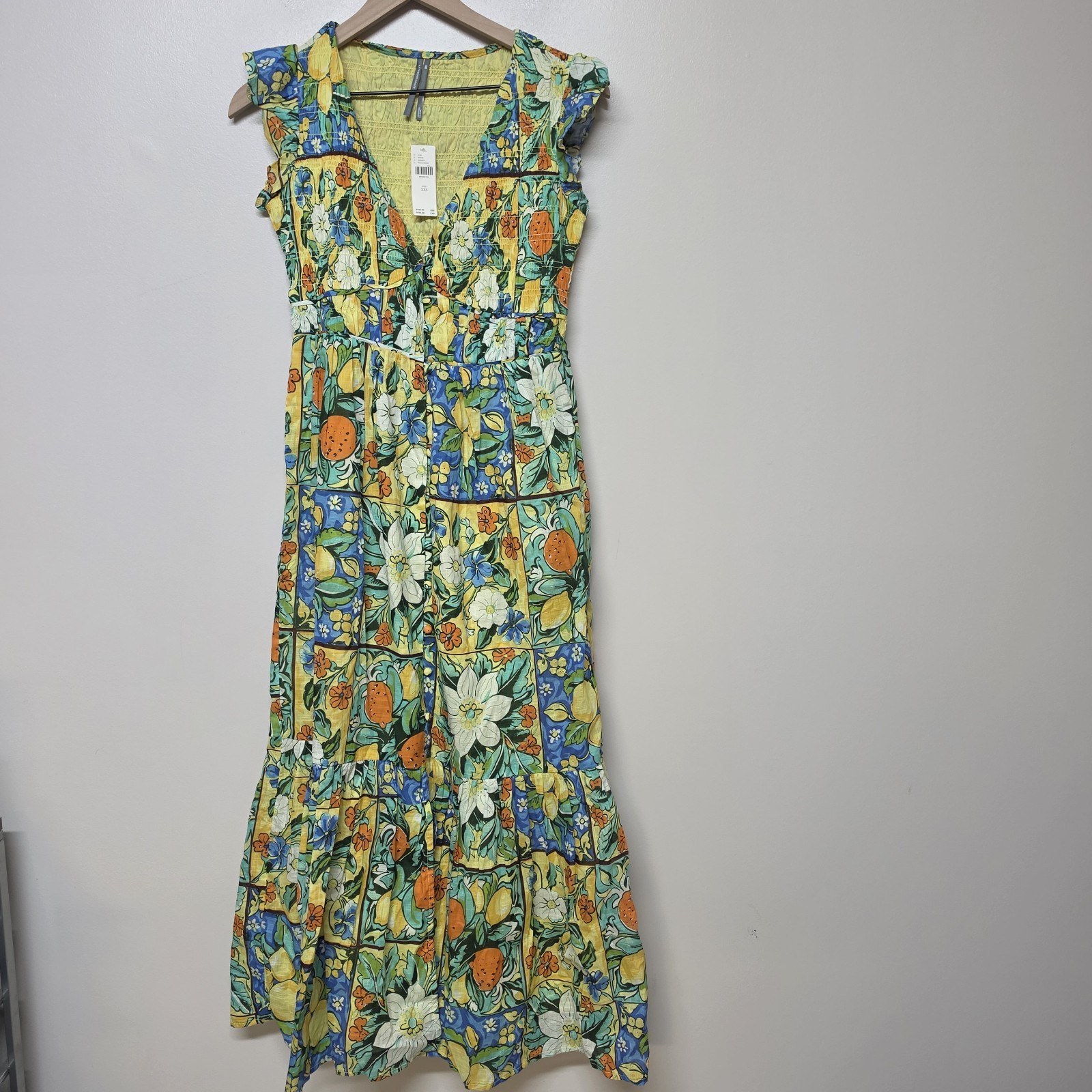 Anthropologie Peregrine Flutter Sleeve Midi Dress Citrus Floral Tile Print XXS