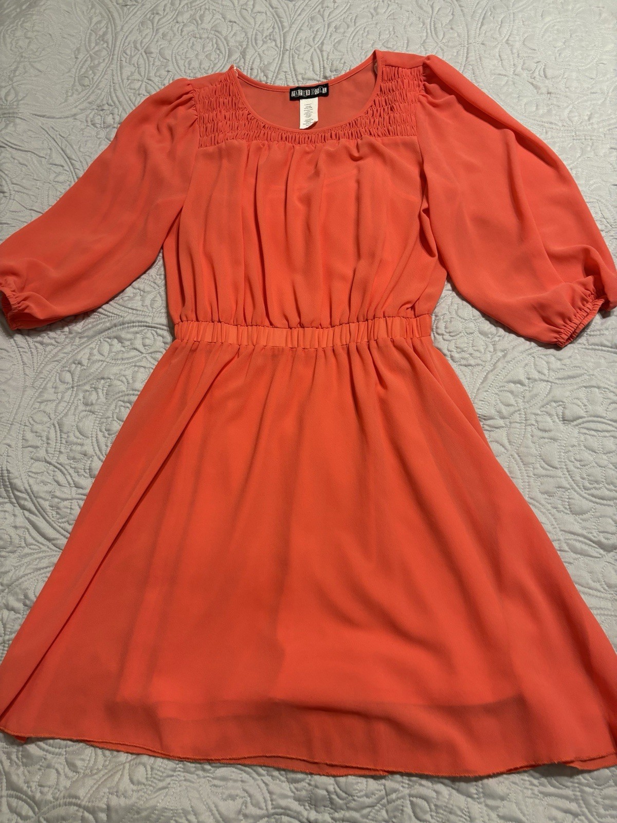 Paper Doll Coral Chiffon Smocked Puff 3/4 Sleeve A-Line Short Dress Small