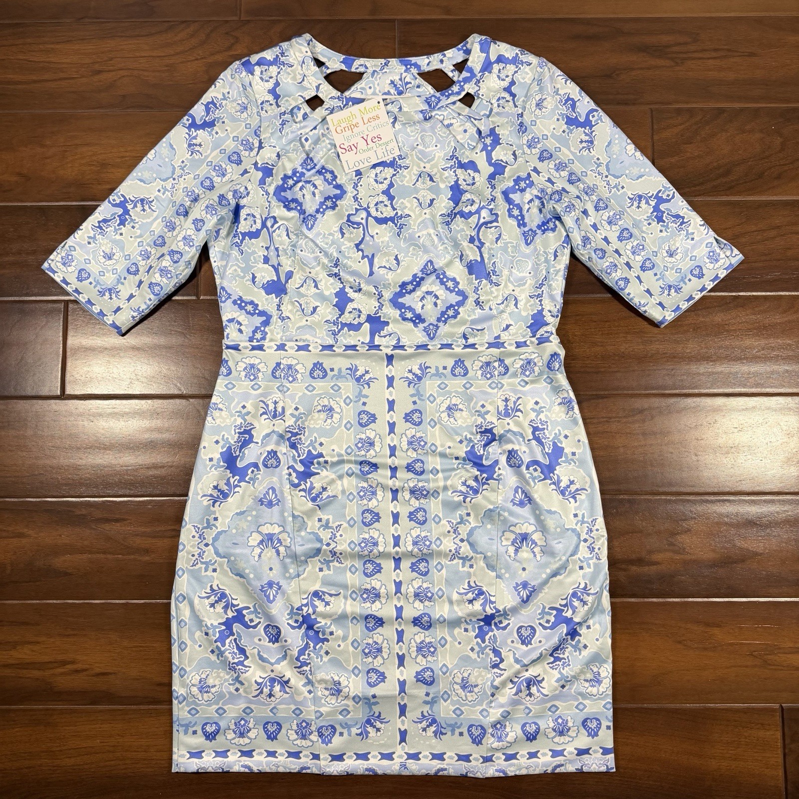 Gretchen Scott Women’s Size Large Blue Patterned Peek a Boo Jersey Dress