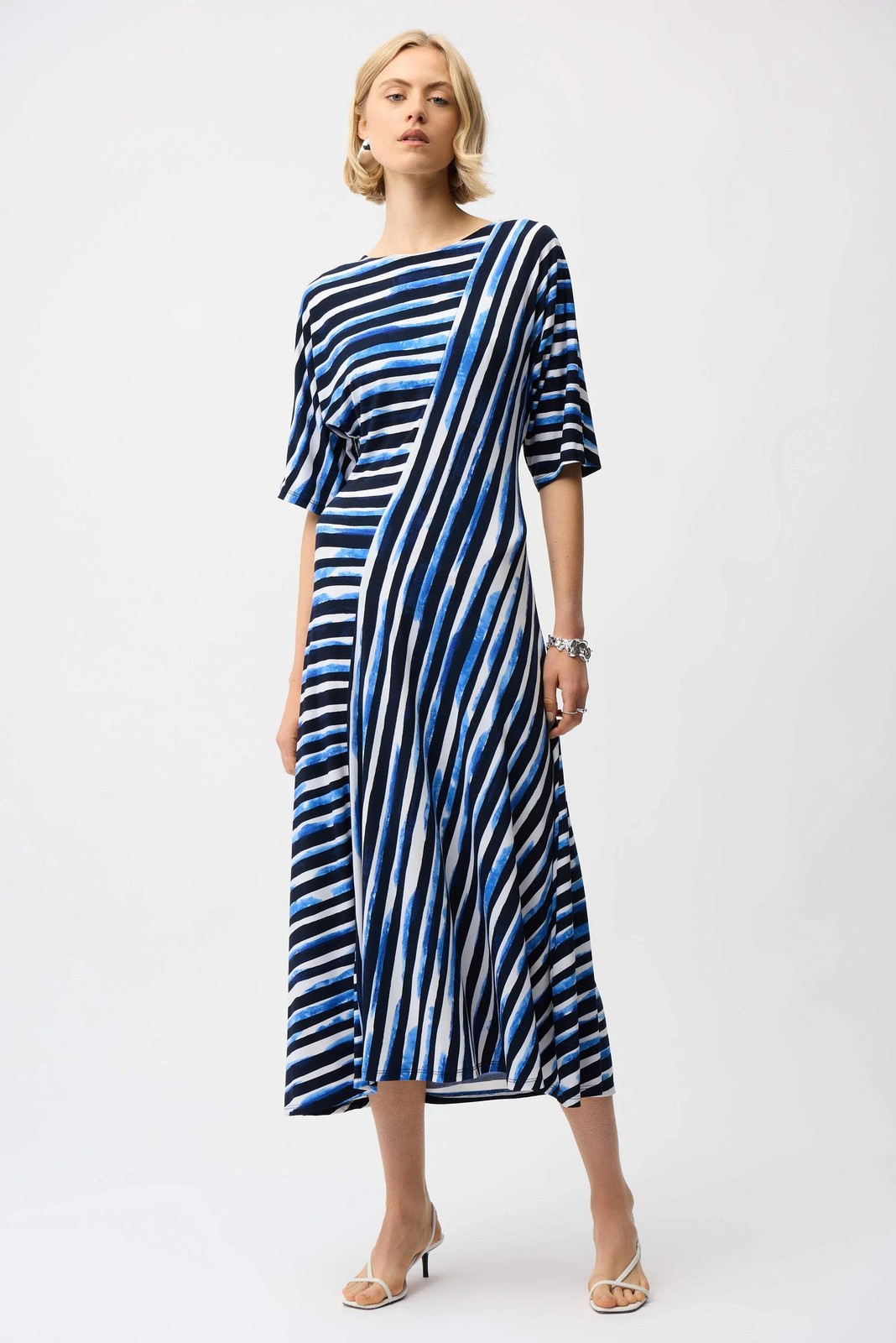 Joseph Ribkoff Blue/Vanilla Striped Midi Fit and Flare Dress 261047