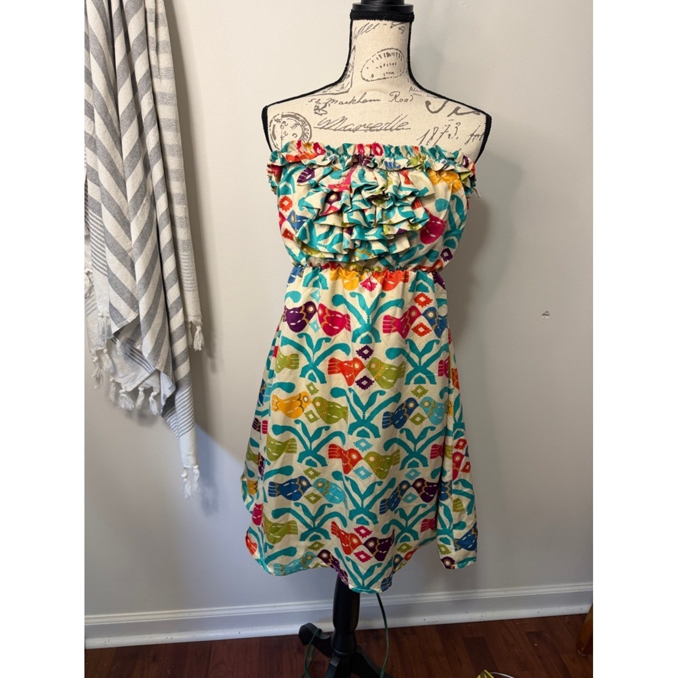 Judith March Cream Floral Strapless Dress with Aqua Trim size Large