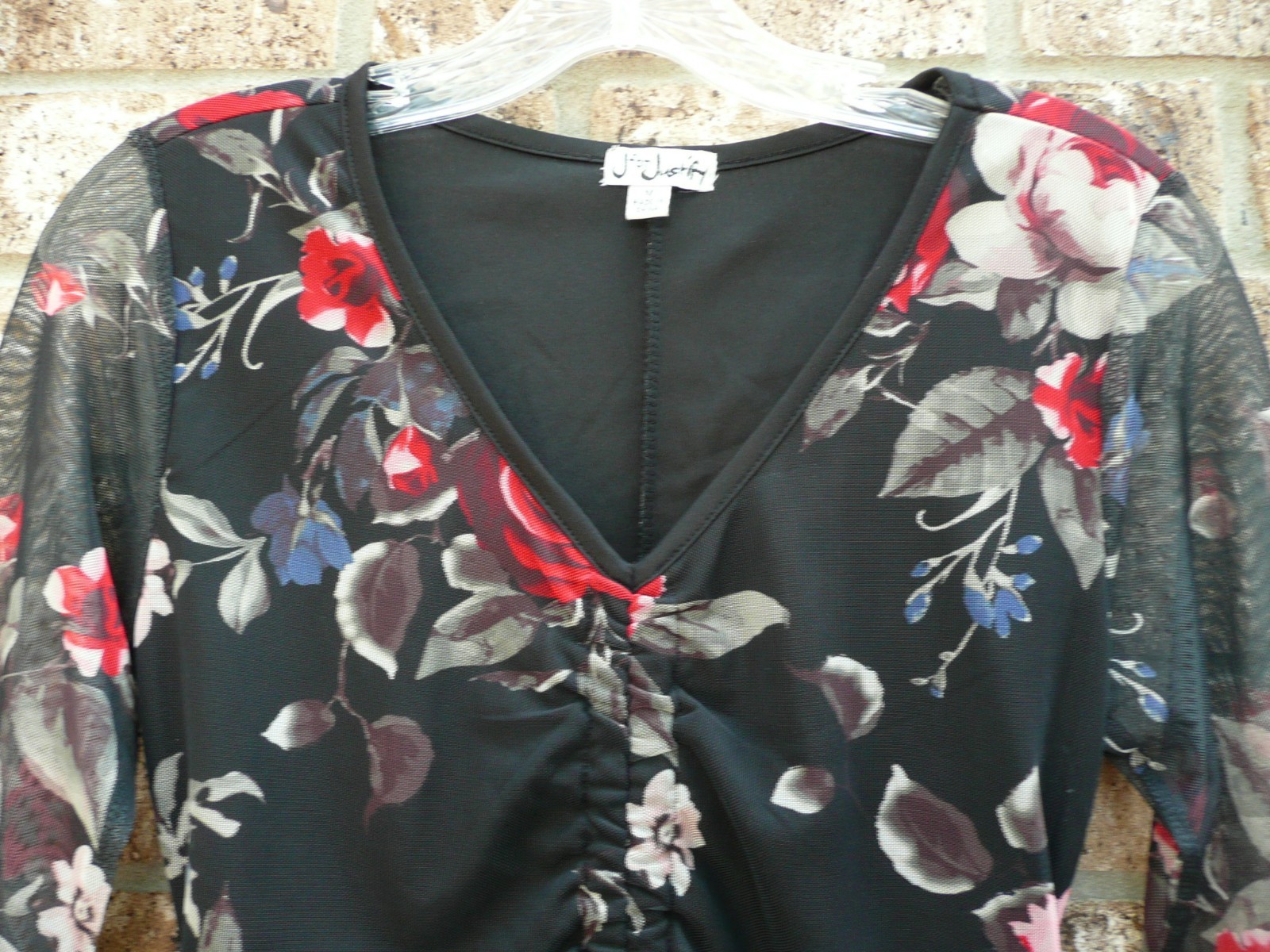 J for Justify Dress Size M Hem Tie Ruched Bodycon Black Floral Roses Long Sleeve