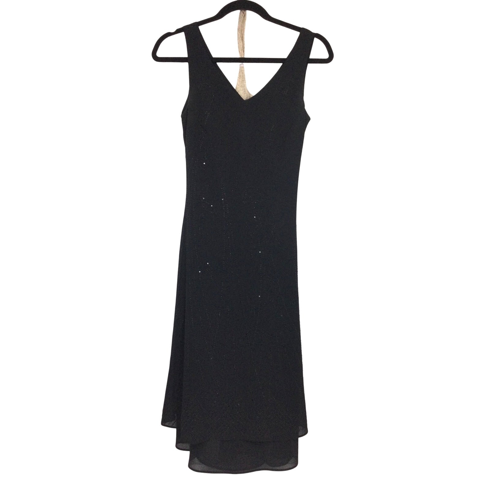 Modern Touch 90s Minimalist Gothic V-neck Bead Sleeveless Bias Cut Midi Dress L