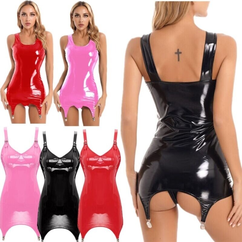 US Womans Latex Patent Leather Bodycon Dress Wet Look PVC Nightclub Garter Dress