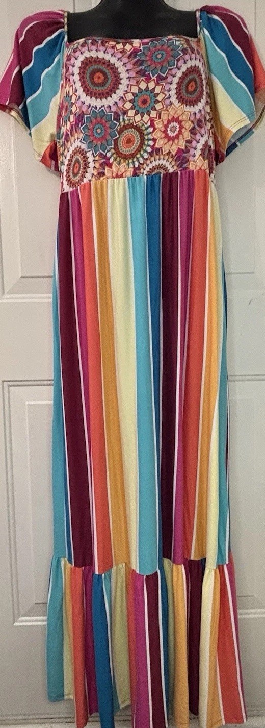 Haptics Holly Harper Maxi Dress L Rainbow Stripe Boho Floral Flutter Sleeve