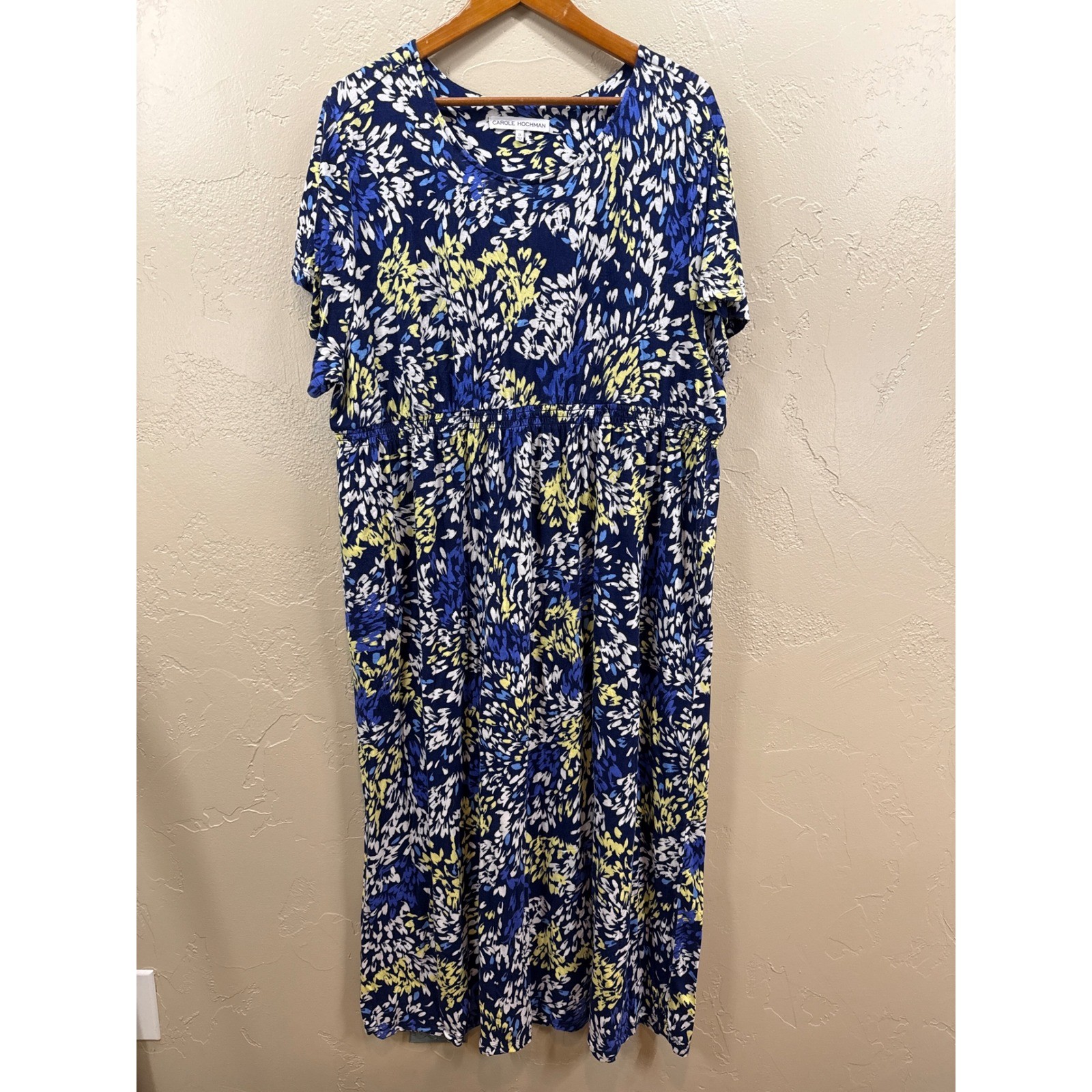Carole Hochman Blue Floral Maxi Dress Women 2X Short Sleeve Empire Waist Rayon