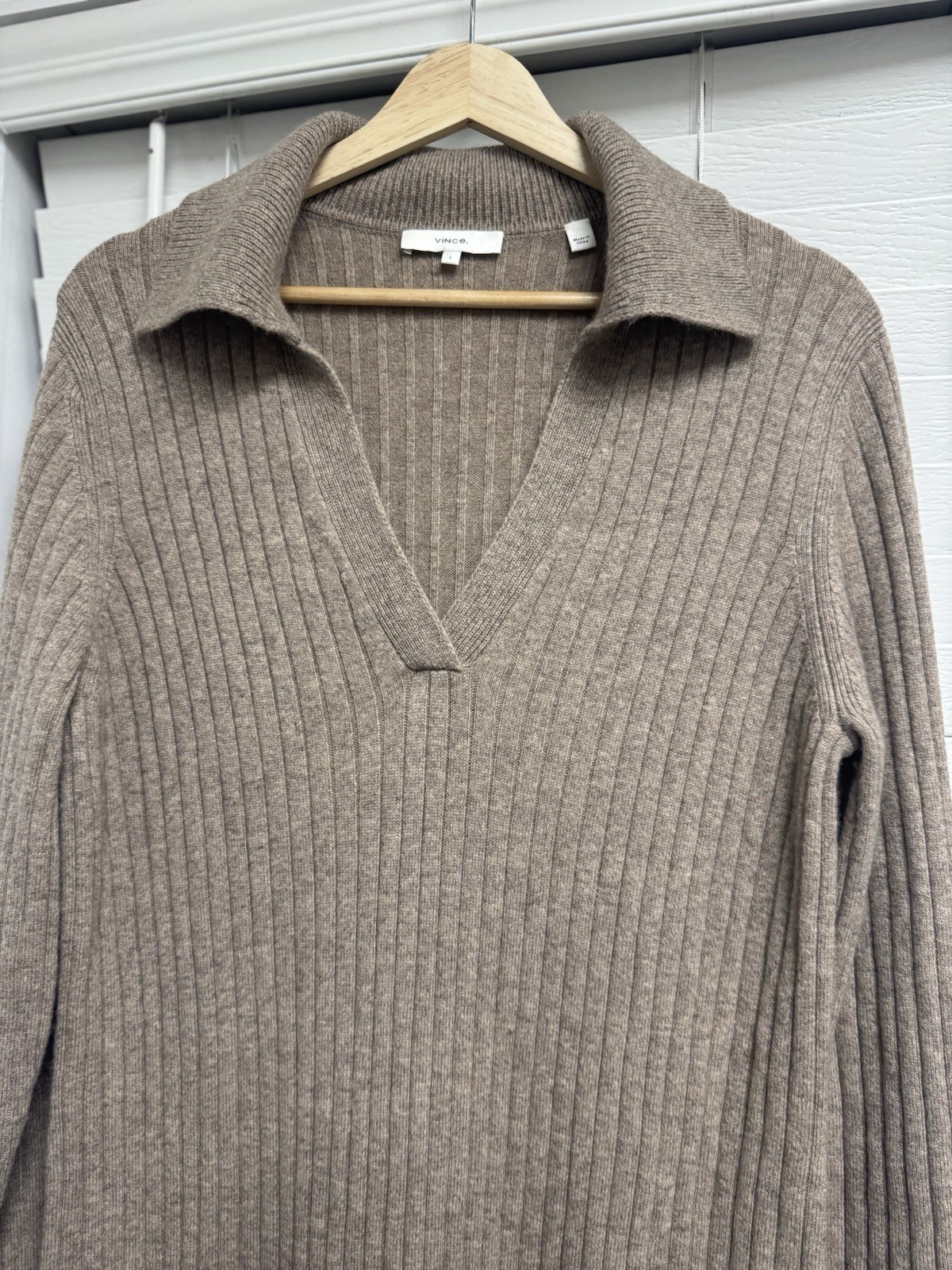 Vince Cashmere Wool Collared Ribbed Sweater Dress Polo Knit Brown Mocha Tan L