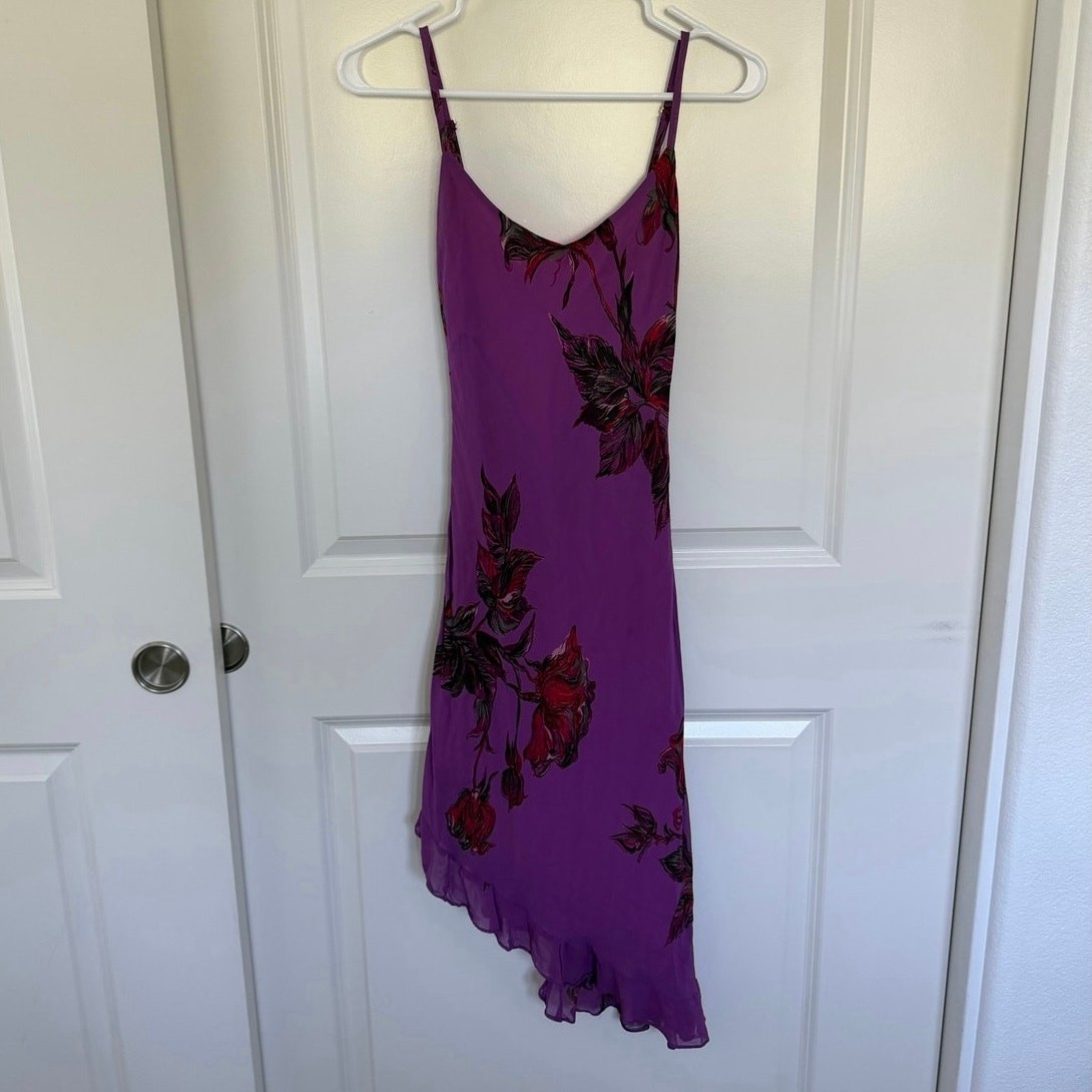 Betsey Johnson Vintage Floral Print Asymmetrical Ruffle Hem Y2K Dress Purple S