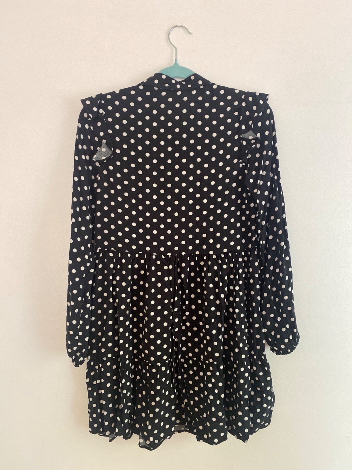 NWT Stradivarius Black & White Polka Dot Long-Sleeve Tiered Mini Dress Size M