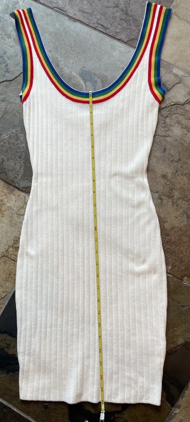 Super Down White Ribbed Knit Rainbow Stripe Trim Bodycon Mini Dress Women’s S
