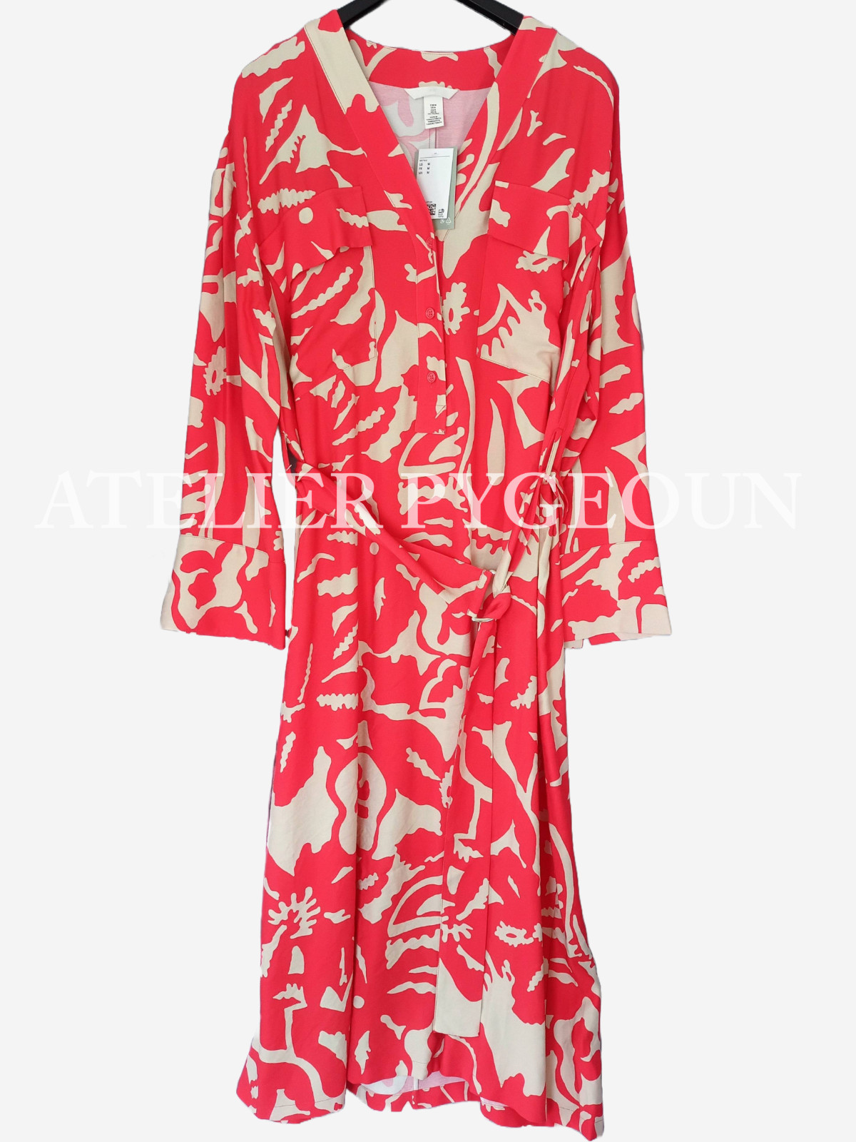 NWT H&M Red Utility Viscose Midi Belted Shirtdress Bright Red/Floral XS S M L XL