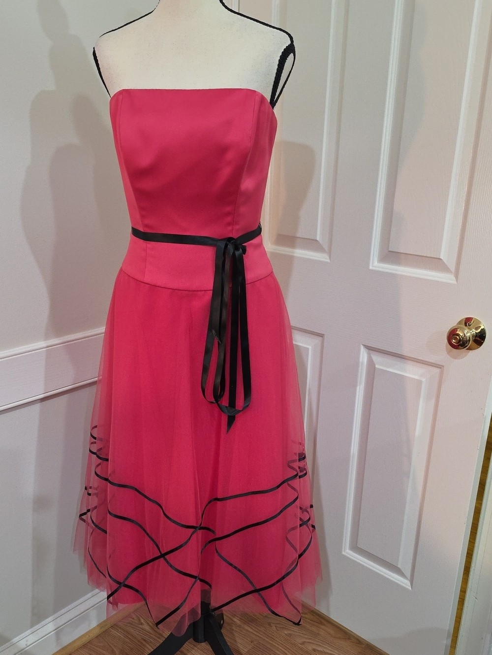B2 by Jasmine Bridal Strapless Pink Tulle Midi Dress with Black Ribbon – Size 10