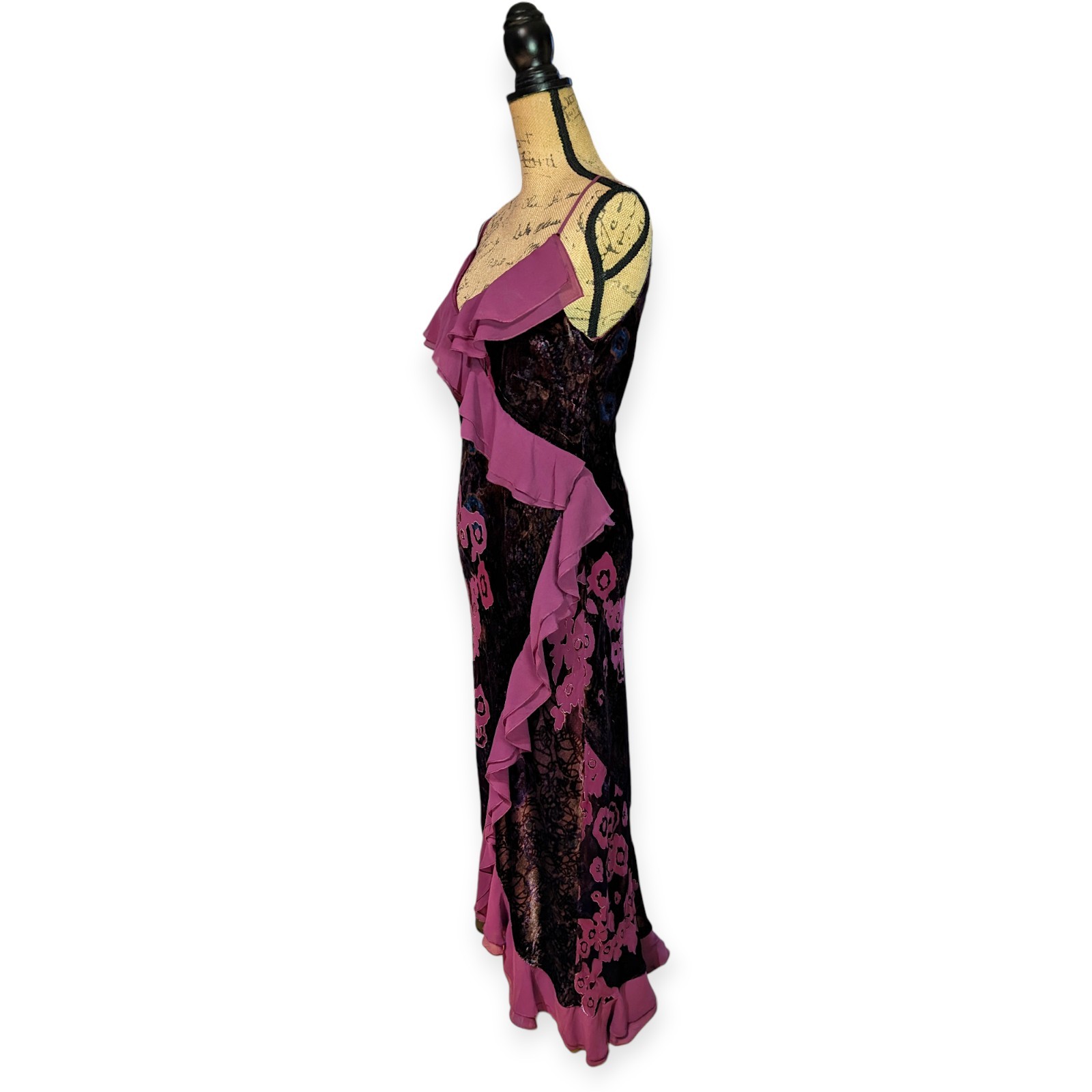 Vintage 90s Monsoon Burgundy & Purple Velvet Devore Midi Dress