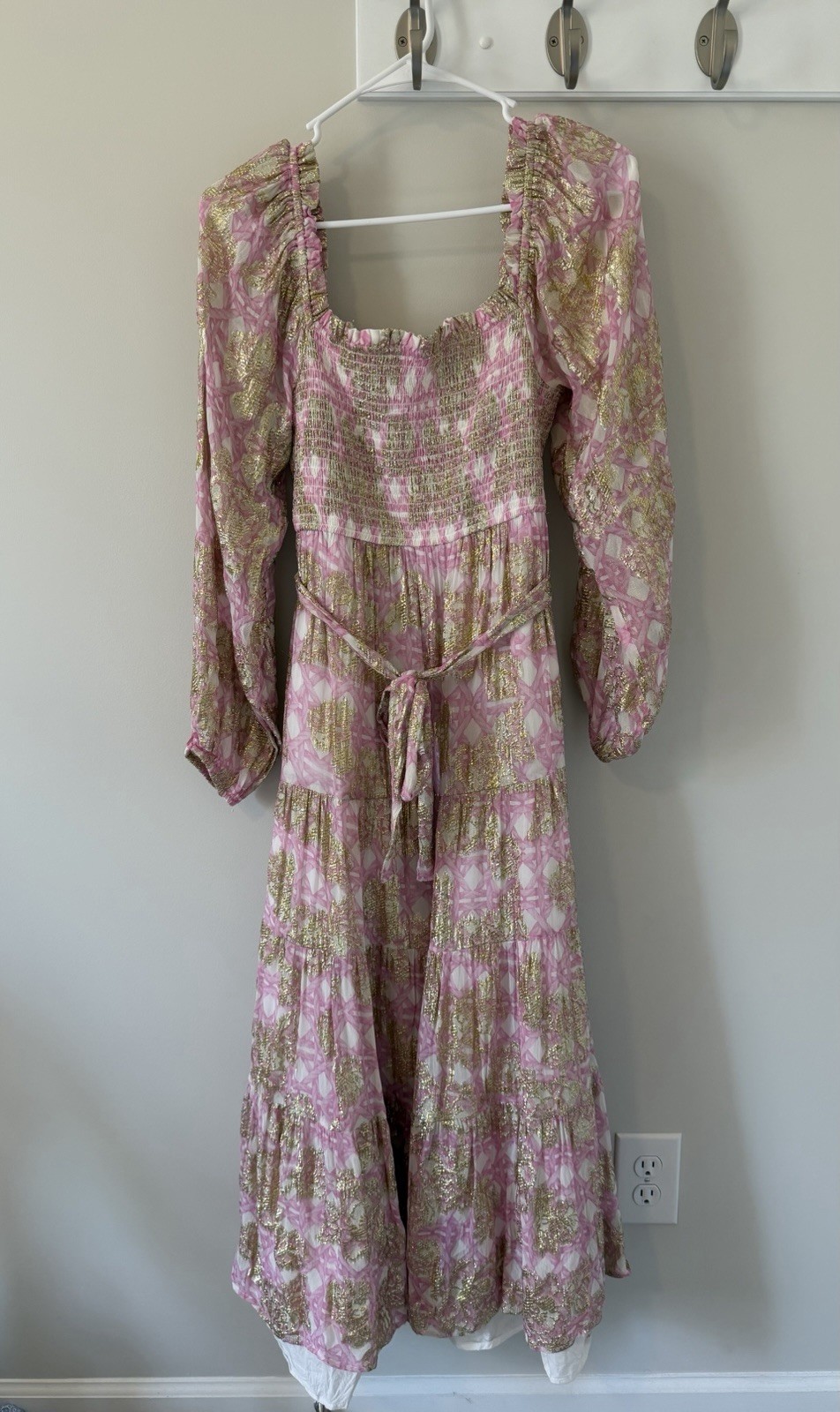 A Loves A Maxi Dress Tiered Pink Gold Metallic Size Medium