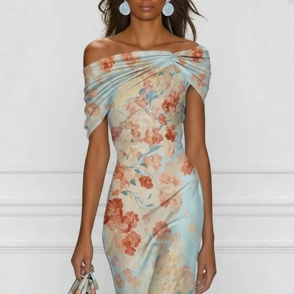 Digital Print Off-Shoulder Short Sleeve Floral Elegant Long Dress