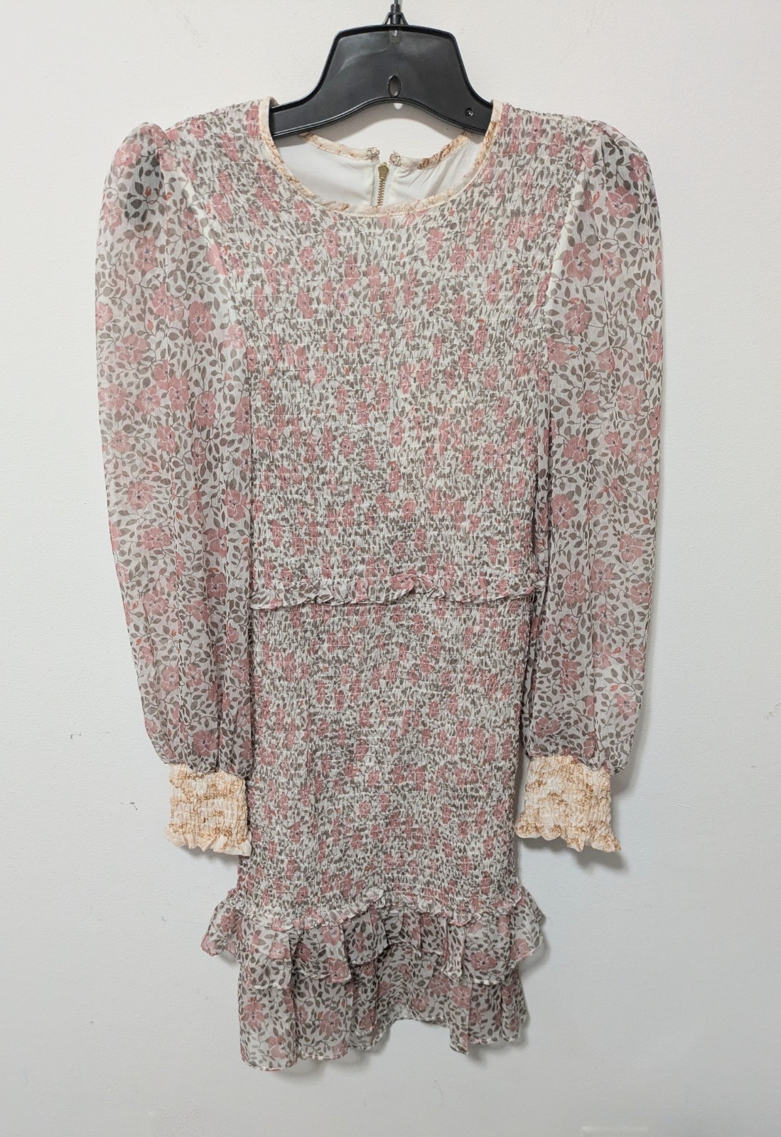 WINONA AUSTRALIA Floral Smocked Ruffle Mini Dress XS Pink Ruffles Sheer Romantic