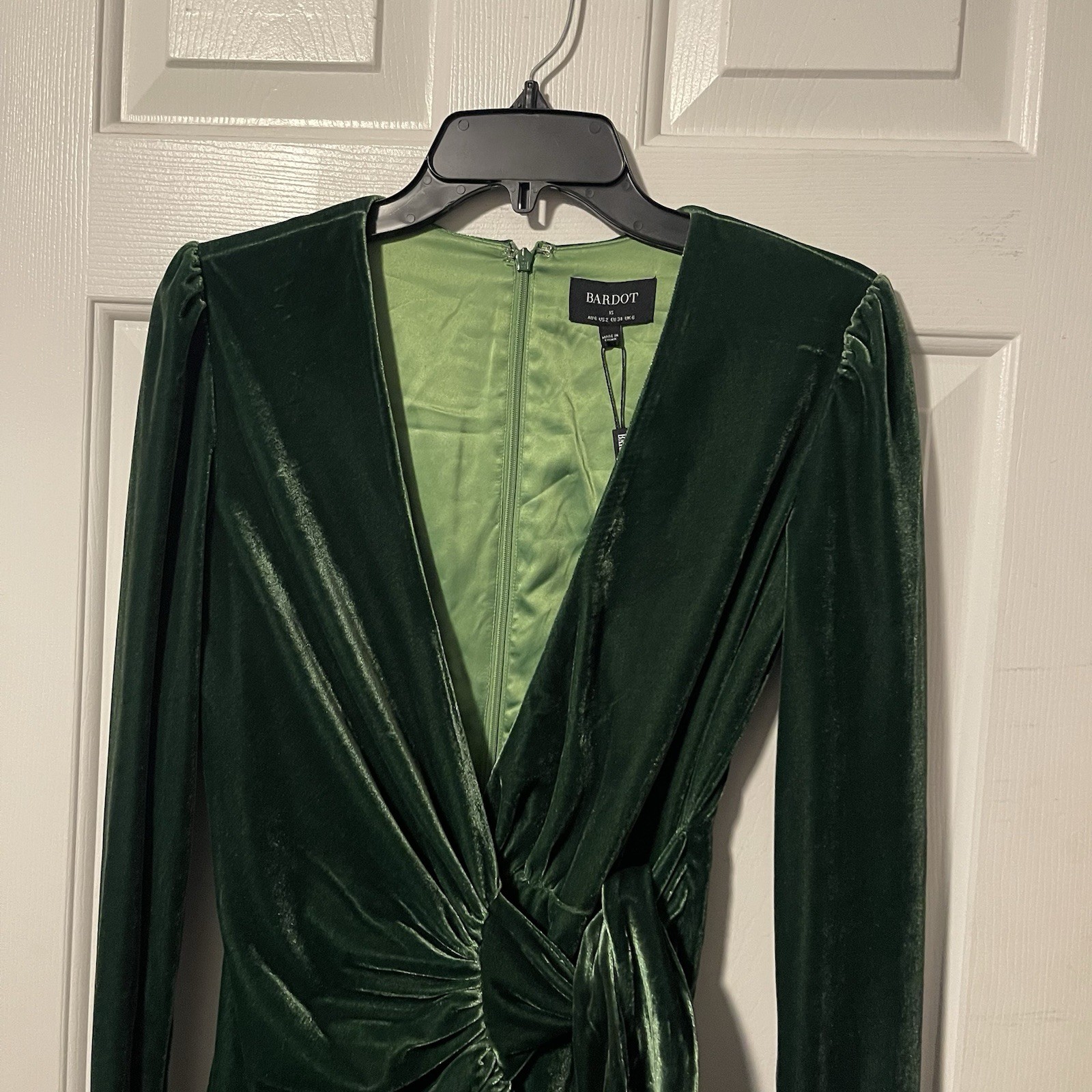 NWT Bardot Keala Velour Wrap Mini Dress Green XS US 2 Long Sleeve Cocktail $139