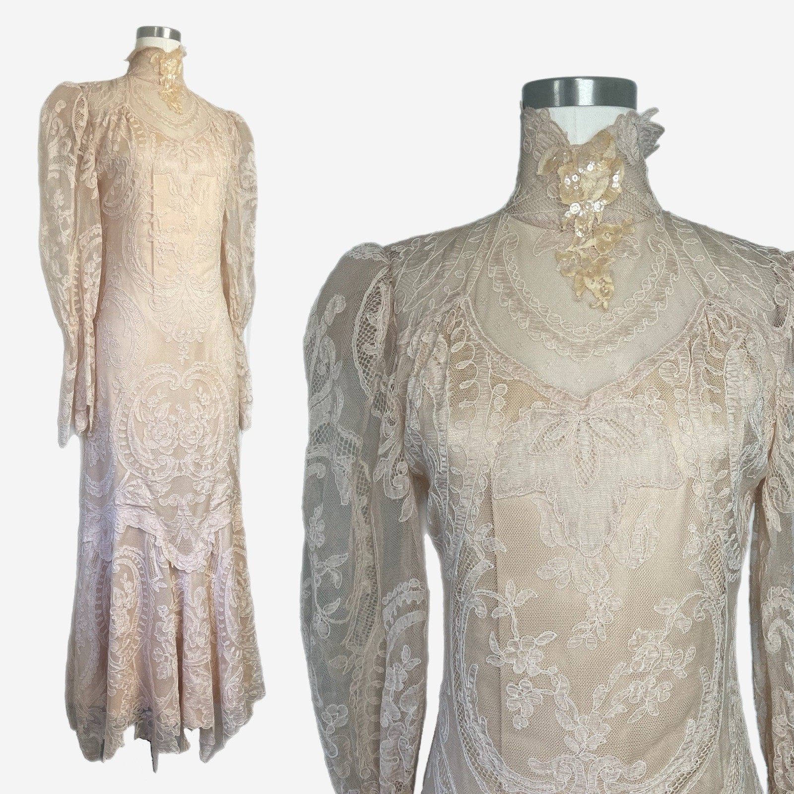 Vintage 80s Becky Bisoulis nude Edwardian Victorian lace wedding gown XS/S