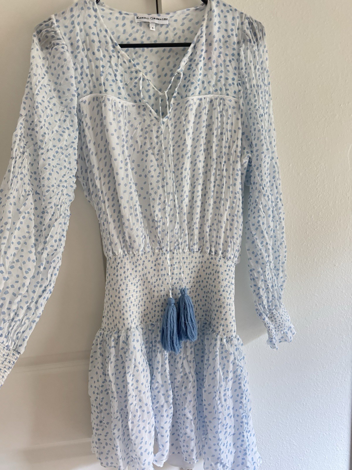 Karina Grimaldi White Blue Abstract V-Neck Smocked Ruffle Mini Dress Size S