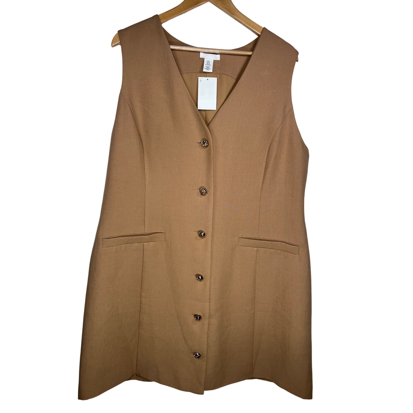 H&M Camel Button Front Mini Shirt Dress XL Sleeveless Utility Quiet Luxury