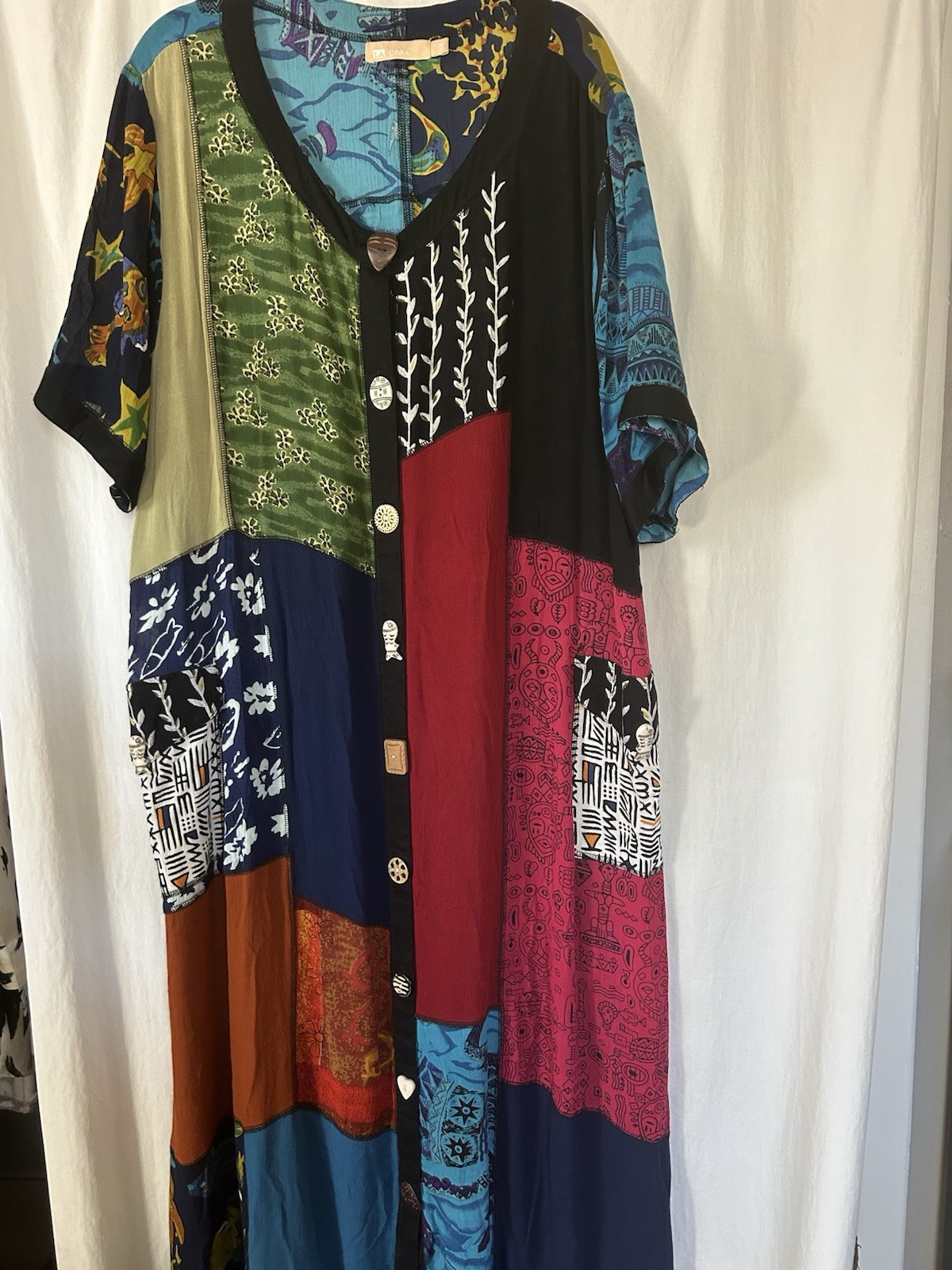 La Cera 1x Hippie Boho Patchwork Button Dress 52” Long 100% Rayon Pockets
