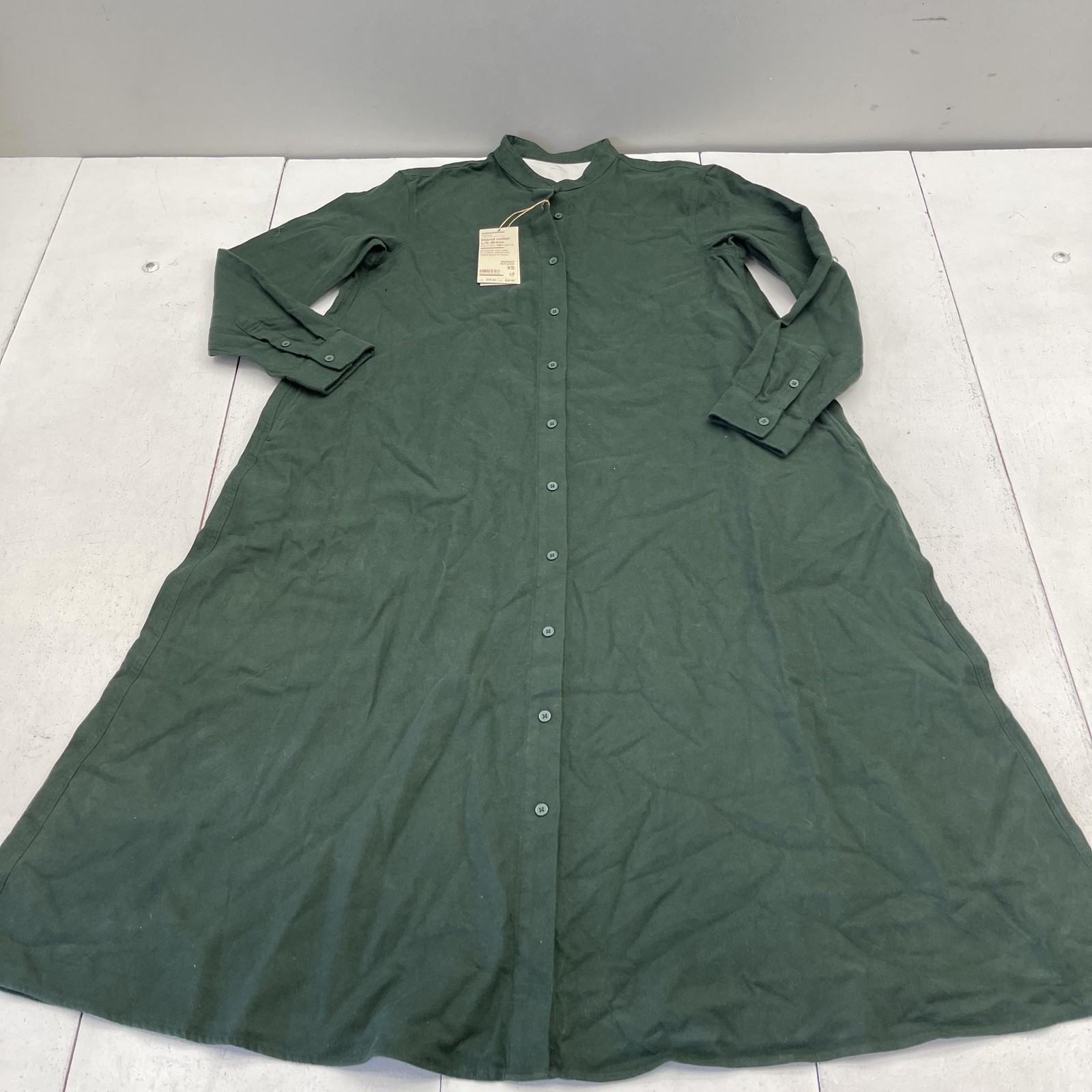 MUJI Shirt Dress Womens XS Green Flannel Stand Collar Long Sleeve Maxi