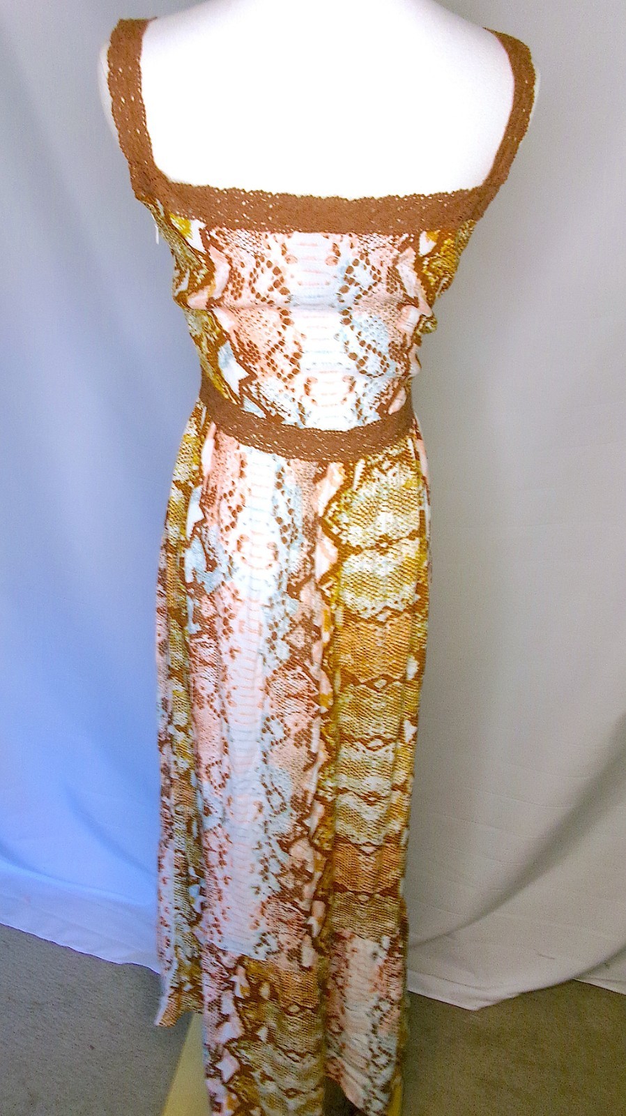 Wrangler Retro Snake Print Maxi Dress Womens Small Boho Crochet Trim Sleeveless