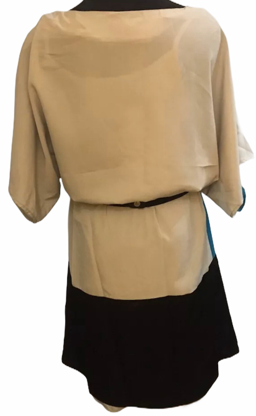 Womens Worthington Black Tan Teal Short Sleeve Belted Silky Blouson Dress Size 4