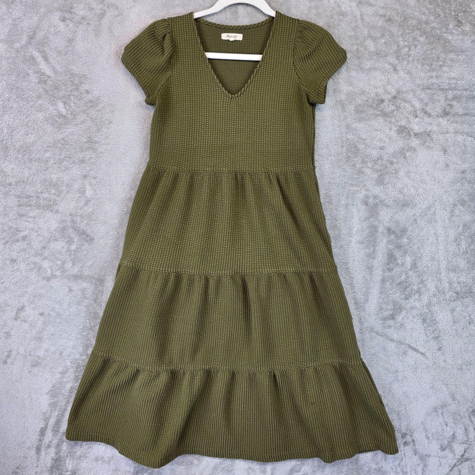 Madewell Dress Womens XXS Green Knit V Neck Puff Sleeve Tiered Trapeze Midi