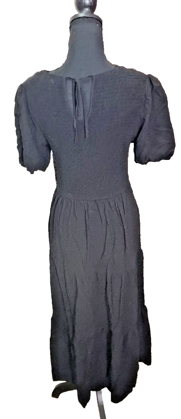 Black Smocked Flutter Sleeve Tiered Maxi Dress Large Rayon Boho Cottagecore