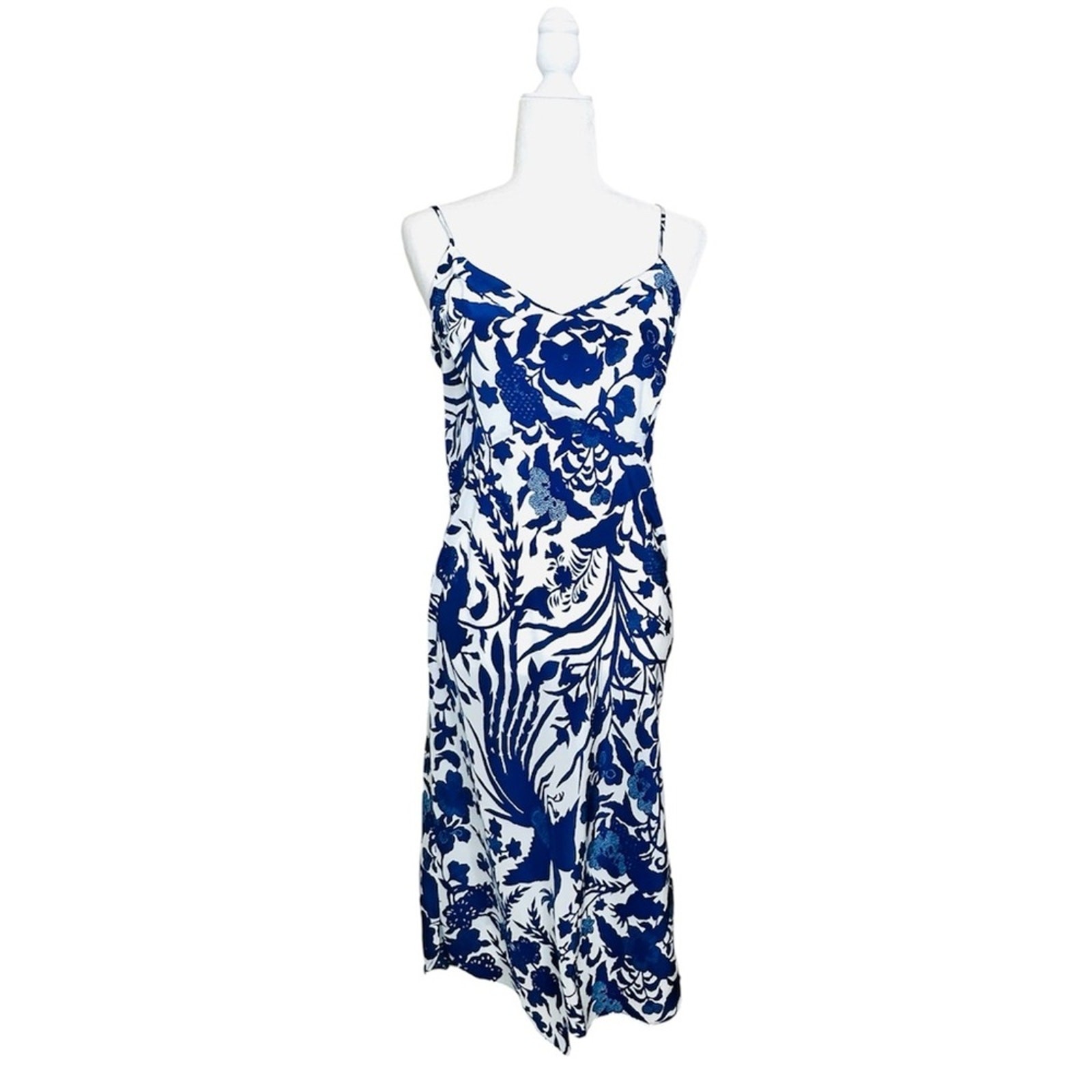 Figue Audra Silk Slip Dress Size Small Midi White Blue Floral Bird Print