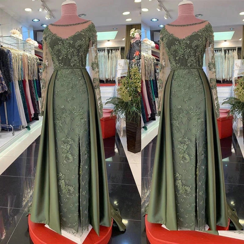 Custom Luxurious Olive Green Evening Dress Lace Long Sleeves Side Split Wedding