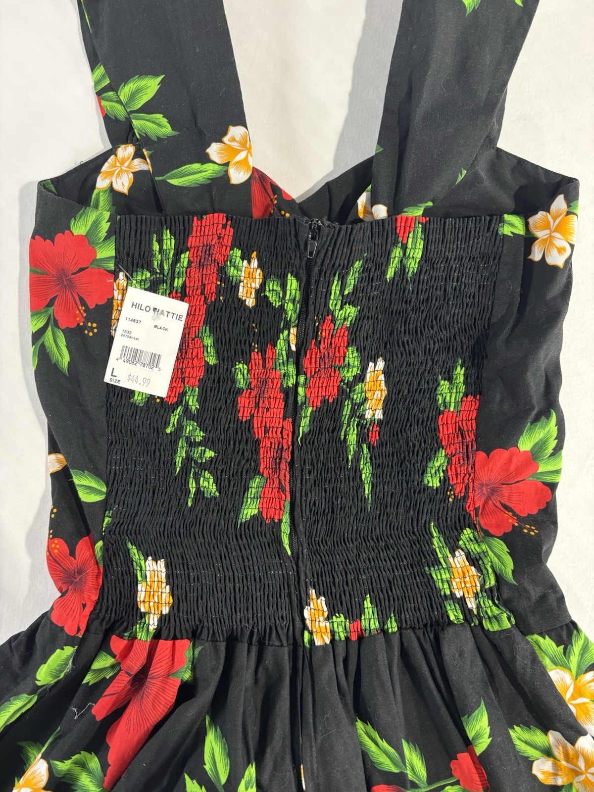 Royal Creations Hawaiian Black Smocked Halter Sundress Size L Floral Hibiscus