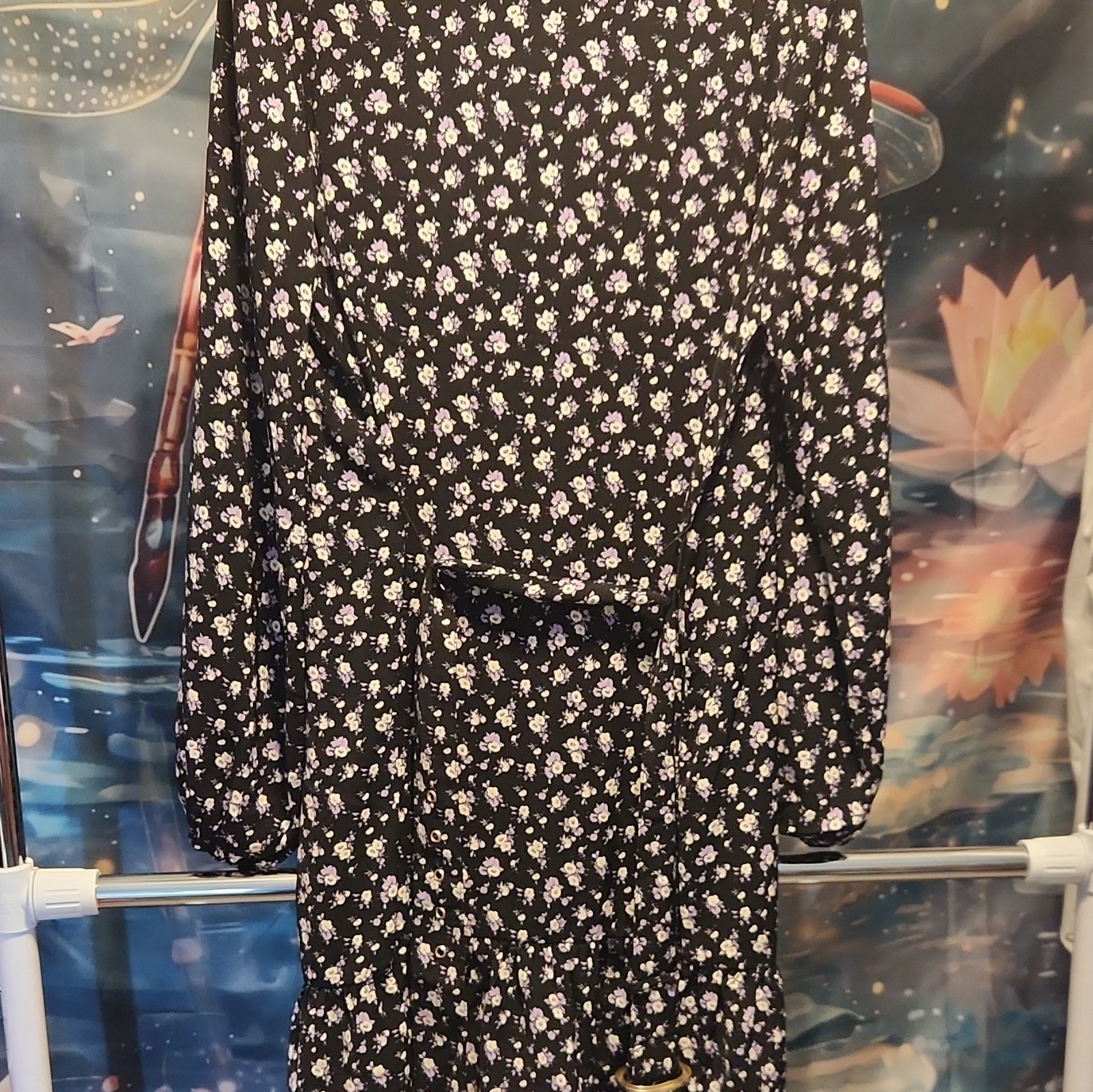 Michael Kors A-Line Dahlia Floral V-Neck Long Sleeve Short Belted Dress M