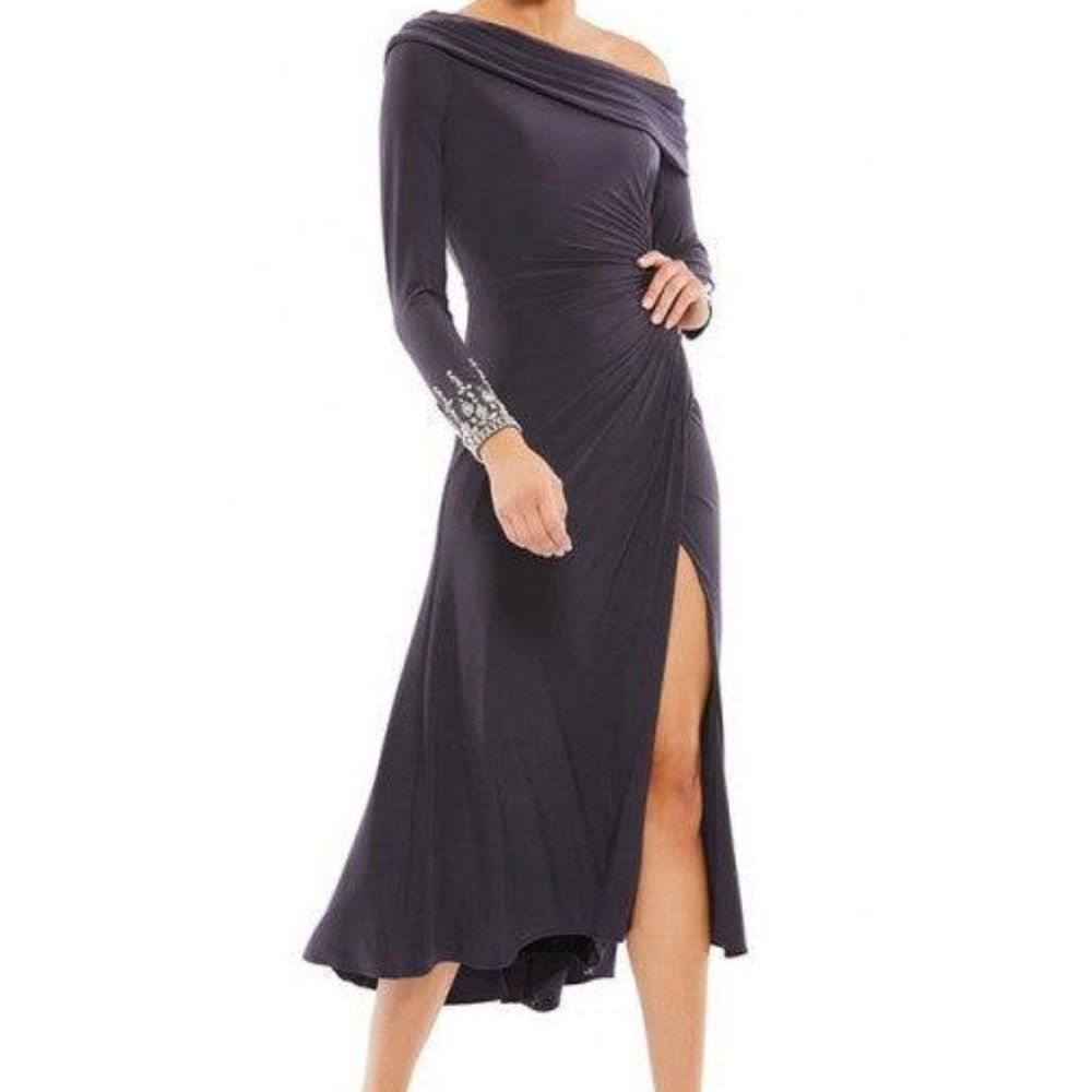 leena For Macduggal Asymmetrical Black Midi Dress Slit Size 0 NWT Style MD26485