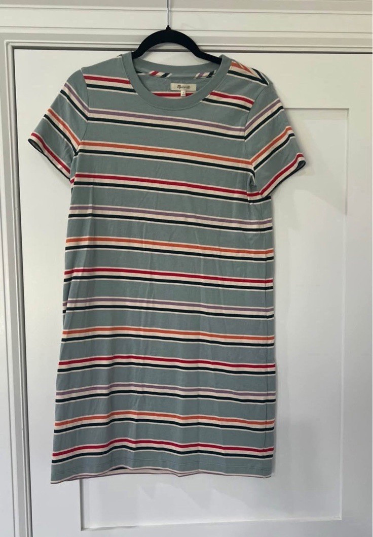 Madewell Women’s S Gray Multicolor Striped Short Sleeve Crew T-Shirt Dress