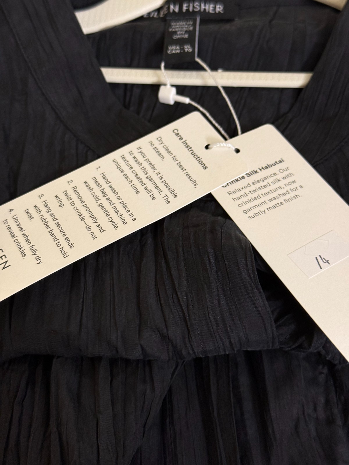 NWT $348 Eileen Fisher Black Crinkle Silk Habutal Mandarin Collar Dress M L XL