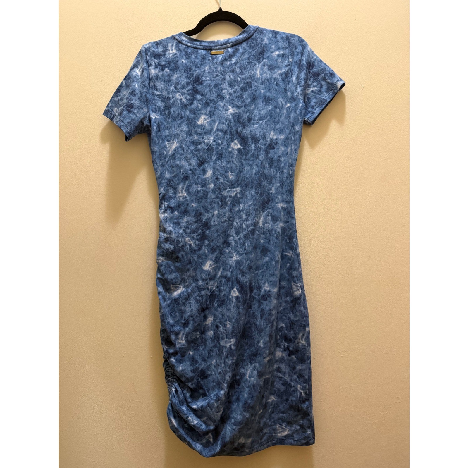 Michael Kors Sun Waves Ruched Bodycon Midi Dress Blue Tie Dye Stretch – S