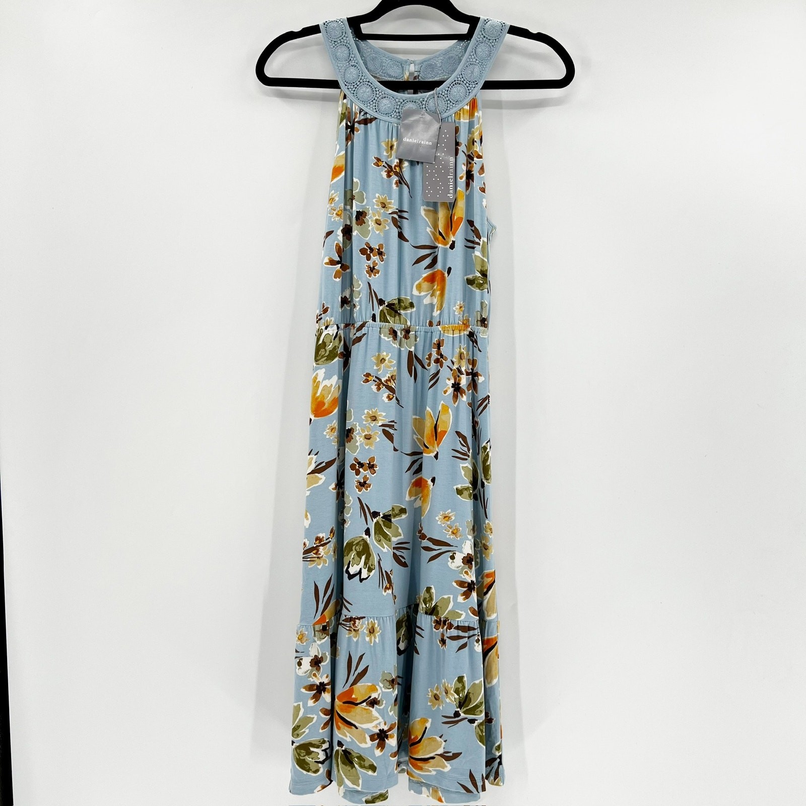 NWT Danielrainn Women’s Light Blue Floral High Neck Crochet Midi Dress Size M