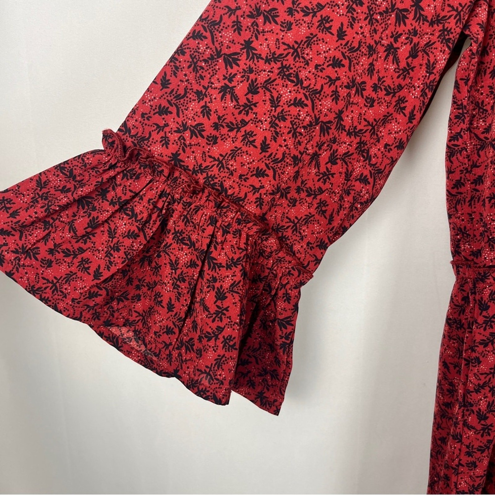 Red Black Print Tiered Ruffle Midi Dress Size Large Cottage Whimsigoth Goth